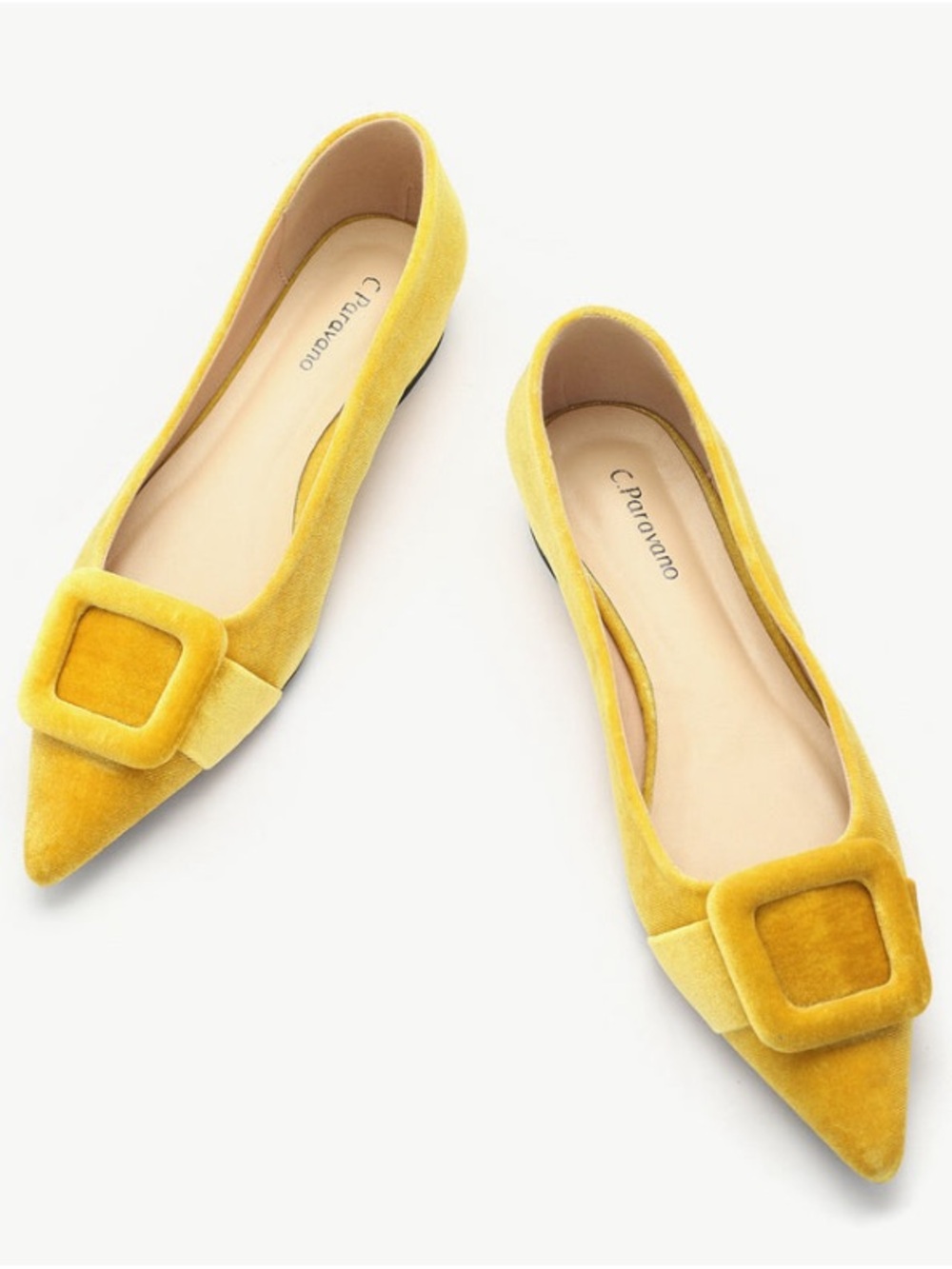 C. Paravano Yellow Velvet Pointed-Toe Flats with Decorative Buckle-Aida.  NWOT